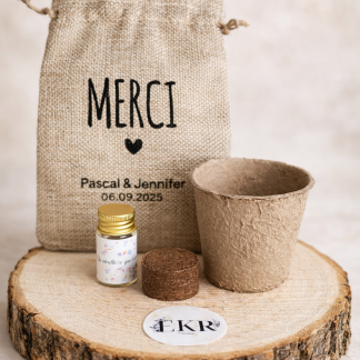 Sac en toile de jute personnalisé – Kit de plantation écologique pour invités